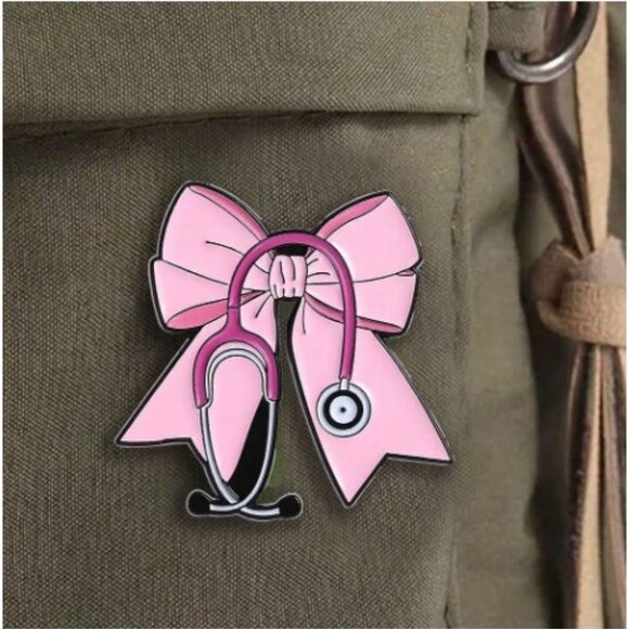 Pink Bow Nurse Pin w/Pink Stethoscope (BRAND-NEW & VERY CUTE!) - Picture 1 of 2